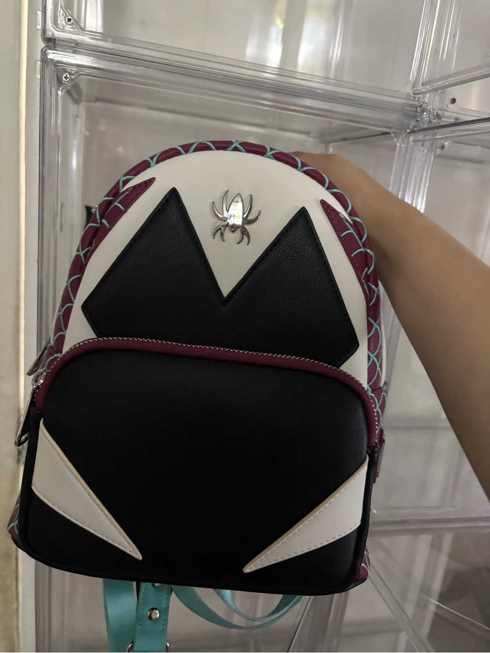 Spider Gwen Loungefly Black, White & Burgundy Mini Backpack with Teal Accents
